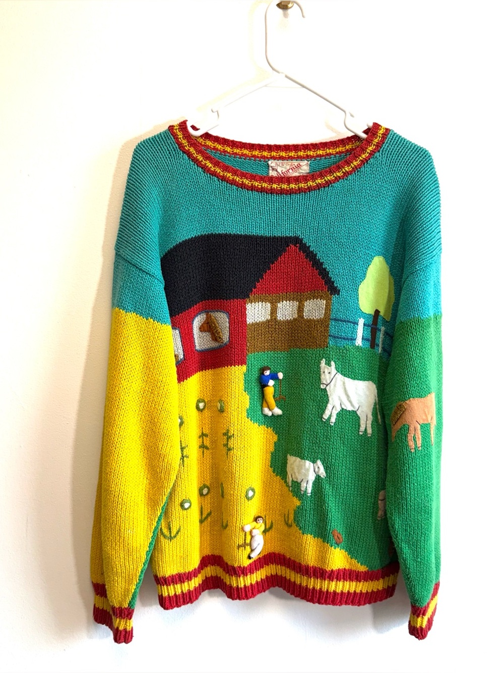 Vintage California Sweaters 100% Cotton 3D Novelty Farm Horse Hand Knit Medium